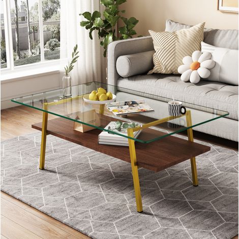 Mesa de centro de cristal templado, patas metálicas, dorado y marrón, 98 x 58 x 42,5 cm OKMYHOME (1/5)