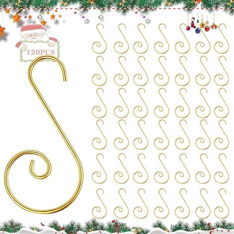 Weihnachtskugelhaken, 120 Stück Aufhänger, Weihnachtshaken, S-förmige Haken für Weihnachtsbaumschmuck, Aufhängehaken aus Stahl (Gold) (1/5)