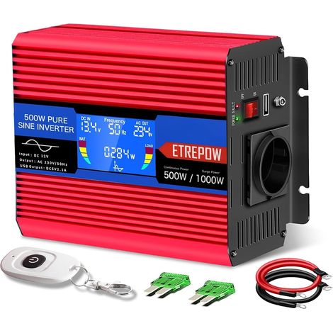 500W Convertisseur 12v 220v Pur Sinus Transformateur -1 Prise EU de Courant Alternatif,2 Port USB,télécommande sans Fil et écran LCD, pour Voiture, Camping, Voyage (1/5)