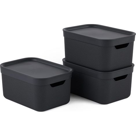 Jive Dekobox - Lot de 3 boîtes de rangement décoratives de 5 l avec couvercle, plastique (PP recyclé), noires, 3x5 l (26,5 x 18,5 x 20 cm), Gris Foncé
