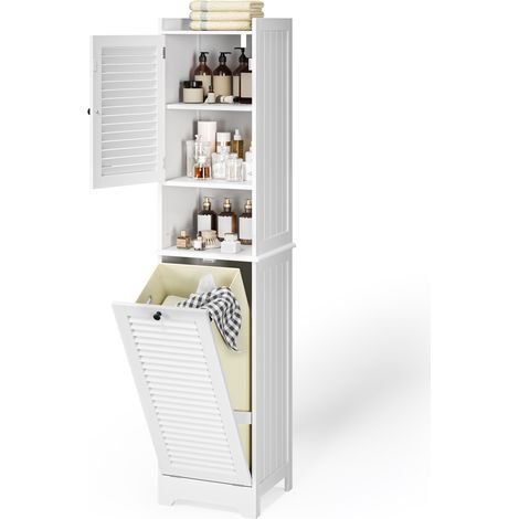Mobile Colonna da Bagno Bealife Mobili bagno su Piedi con Piani Regolabili 1 Cesto per Biancheria Sporca Rimovibile 1 Nicchia 1 Porta Bianco 40 x 36,5 x 170 cm