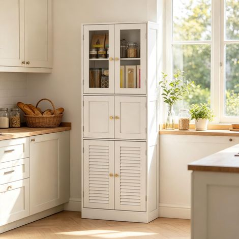 Mueble de almacenamiento de baño de alta gama con 6 puertas, incluyendo 2 puertas de cristal y 2 puertas macizas. (1/5)