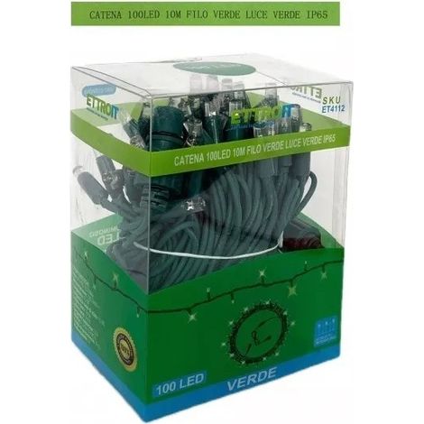 Catena luminosa 100 led luci di Natale 10 metri prolungabile da esterno ip65 balconi terrazze giardino ET4112 - FILO VERDE - LUCE VERDE (1/2)