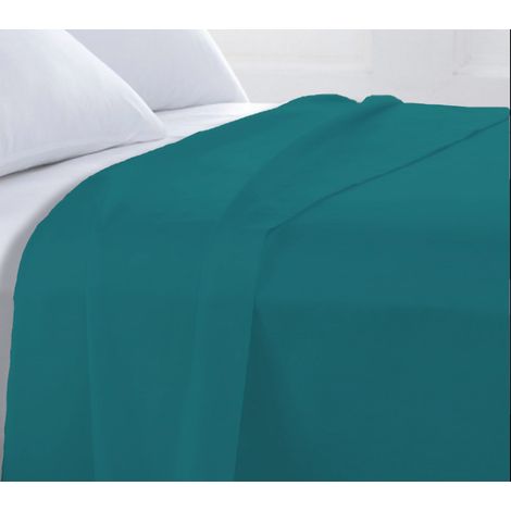 Drap plat en coton 57 fils uni bleu pétrole 240x310cm (1/2)