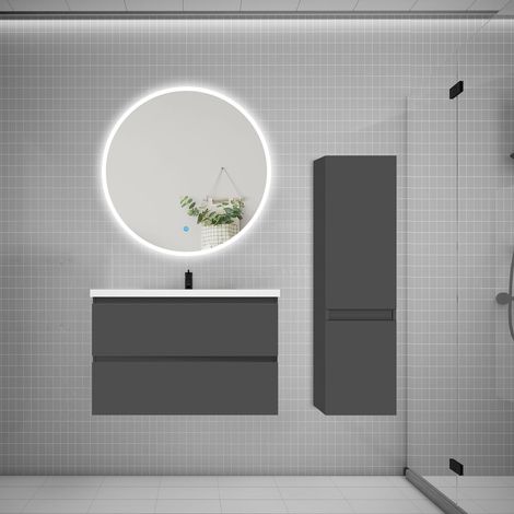 Ensemble meuble vasque L.79cm 2 tiroirs + lavabo + LED miroir rond 90cm + colonne B,anthracite