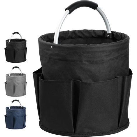 17L Panier à Outils de Seau avec 6 Poches Extérieures, Sac à Outils Jardinage Rond avec Poignée, Corbeille de Rangement en Tissu Oxford pour Stockage (Noir) (1/4)