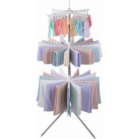 Plastique Étendoir à Linge avec 24 Clips et 32 Bras, Cintre Pliant Style Moderne, Trépied Etendoir à Linge, pour Chaussettes, sous-Vêtements, Inserts de Chaussures, Blanc (1/5)
