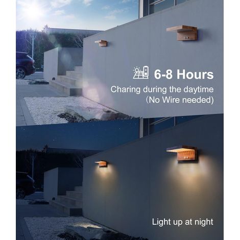 Lumière Solaire Extérieure avec Détecteur de Mouvement 3 Modes Applique LED Étanche IP44 Blanc chaud Lampe Solaire Murale pour Terrasse Jardin Escalier, Aluminium, Motif en bois [Classe énergétique G] (1/4)