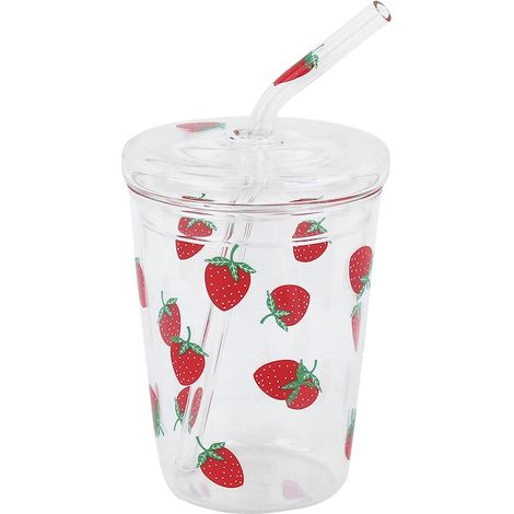 Gobelet en verre avec motif fraise, résistance à la chaleur, couvercle et paille, polyvalent et pratique (1/4)