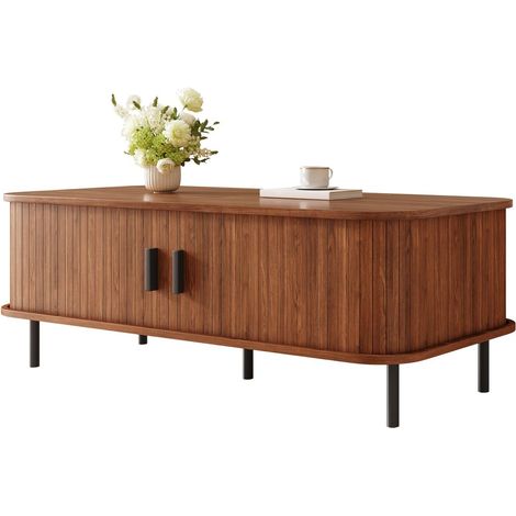 Table basse avec rangement intégré portes coulissantes forme rectangulaire design moderne effet lames verticales (1/5)