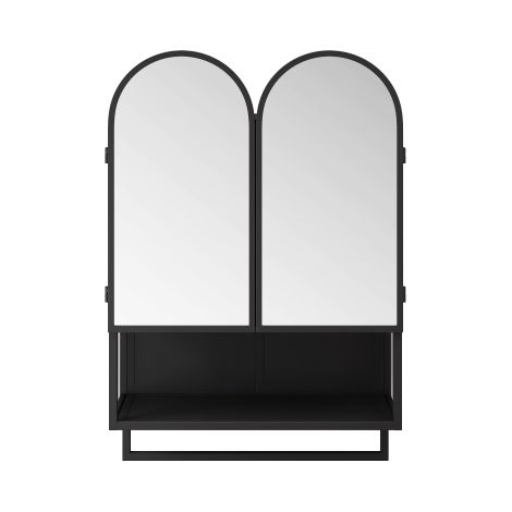 Doppeltüriger Badezimmerschrank 60 x 20 x 83 cm mit 2 Türen, offenen Regalen, Handtuchhalter und Stauraum, Metall + Glas, schwarz