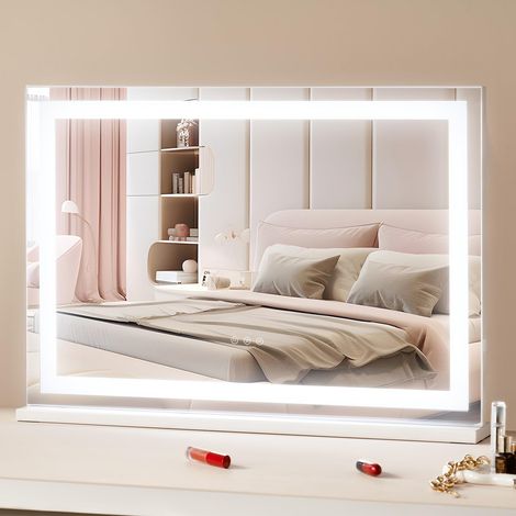 Miroir de Maquillage Lumineux, 3 Modes Éclairage de Couleur, Grand Miroir Cosmétique Studio Lumière LED, Miroir Grossissant 5X, Port USB, Contrôle Tactile Intelligent, avec Support, 797x547 mm (1/5)