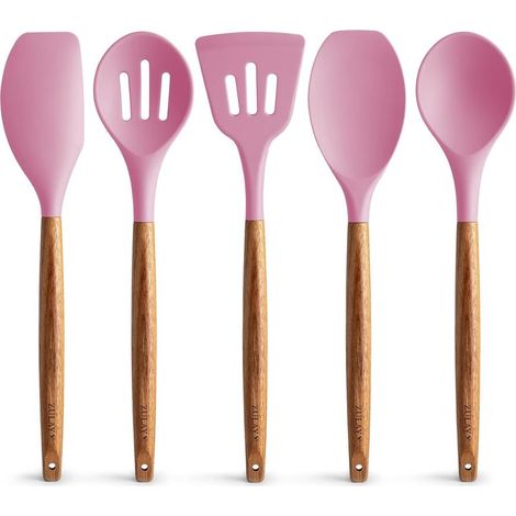 Ensemble Ustensiles de Cuisine en Silicone 5 Pièces avec Manches en Bois d'Acacia Authentique, Antiadhésif et Résistant à la Chaleur, Couleur Rose (1/5)