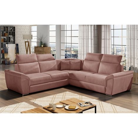 Canapé d'angle - convertible - FELIPE VELOURS - en tissu luxe rose pale, 5/6 places (1/5)
