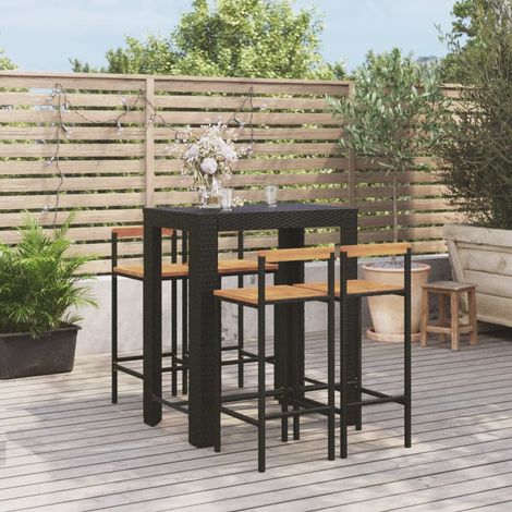 Ensemble Table de bar + 4 Chaises de bar de jardin - Table Haute avec 4 Tabourets noir poly rotin/bois massif acacia BV644651 - BonneVie (1/5)