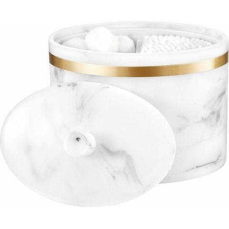 BRAVIX Boîte à Coton, Distributeur Conteneur Doré de Maquillage en Ovale Coton-Tige à 2 Compartiments, Organisateur de Beauté Boîter à Bijoux pour Comptoir Salle de Bain Toilettes- Blanc(8.8X9.5cm) (1/5)