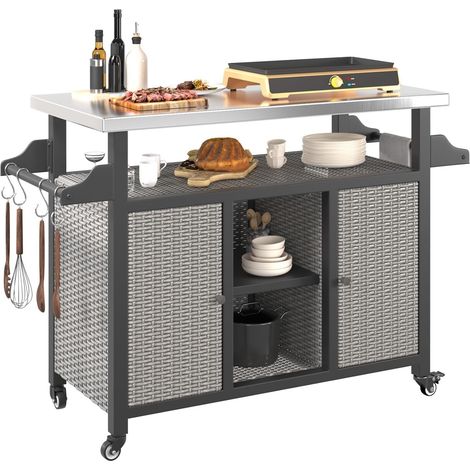 YODOLLA Chariot de Barbecue Extérieur avec Rangement, Table de Barbecue, Desserte Jardin sur roulettes Plateau INOX, Chariot de Service D'extérieur, Chariot de Jardin & BBQ(en Rotin) (1/5)