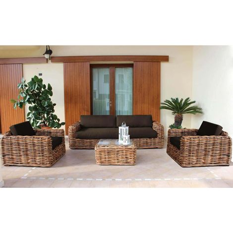 Set salotto divano 3 posti con 2 poltrone tavolo e cuscini in Rattan naturale PORTO CERVO (1/5)