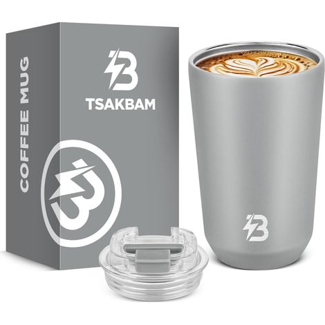 Tasse à café isotherme avec couvercle, gobelet réutilisable à double paroi isotherme sous vide, anti-fuite, pour boissons chaudes et froides (gris, 355 ml) (1/5)
