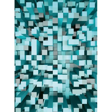 Papier peint panoramique 3D géométrique bleu | Tapisserie panoramique trompe l'oeil cube chambre ado | Papier peint panoramique turquoise salon moderne - 192 X 260 cm (4 pièces) (1/2)