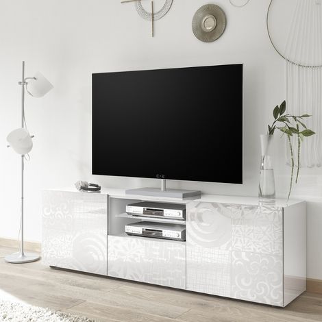 Meuble TV moderne laqué blanc 180cm SARA (1/5)
