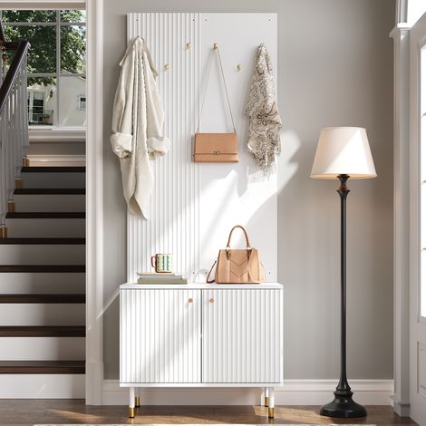 Mueble zapatero con percheros, 2 puertas, estante regulable, blanco OKMYHOME (1/5)