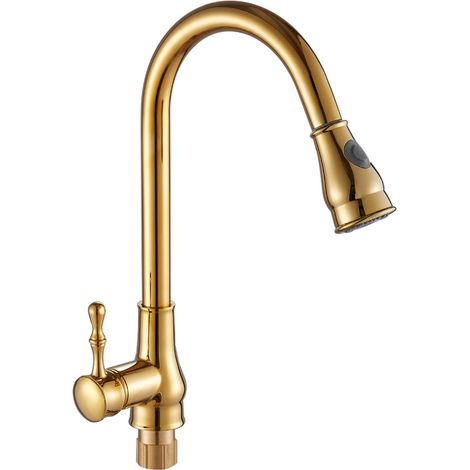 Robinet de cuisine en or tout cuivre extractible chaud et froid rétractable lavabo rotatif évier robinet de lavabo (1/4)