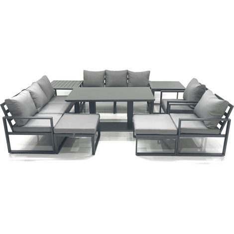 Fimous Garden Sofa Set Aluminium Furniture Rising Dining Tabe Set with 2 Chair 2 Big Footstools 2 Side Table Dark Grey (1/5)