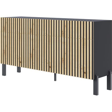 Selsey Telire - Sideboard 3-türig mit drei Schubladen und Lamellenfront, 154 cm – Schwarz / Eiche Artisan