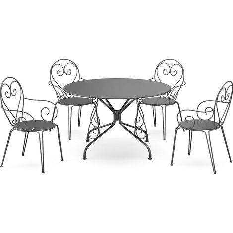 Sala pranzo giardino Metallo ferro battuto: tavolo D.120 e 4 poltrone impil. Antracite - GUERMANTES di MYLIA