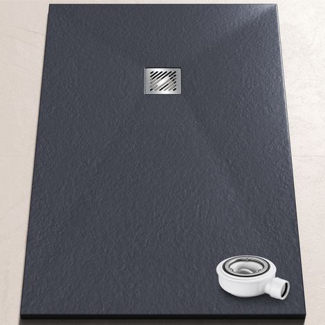 doporro Duschwanne Duschtasse 80x140x3cm aus Mineralguss in Anthrazit Rechteckig DIN-Anschlüsse für bodenebene Montage geeignet inkl. Ablaufgarnitur AL006 Geoma 09