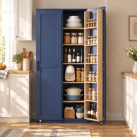 Armadio alto da cucina blu in MDF con ripiani regolabili e mensole sulla porta 40 x 40 x 183 cm (1/5)