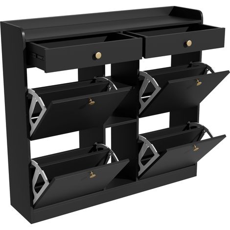 Scarpiera nera con 4 ante a ribalta, 2 cassetti e 3 vani aperti 110x26x100 cm (1/5)