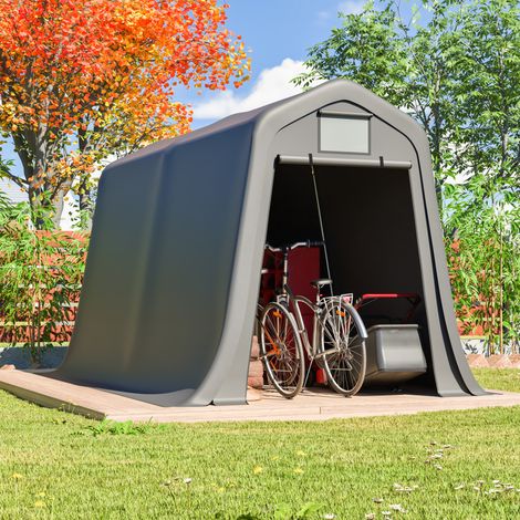 Cobertizo de jardín 366 x 213 x 225 cm en PE gris, techo puntiagudo, puerta enrollable OKMYHOME (1/5)