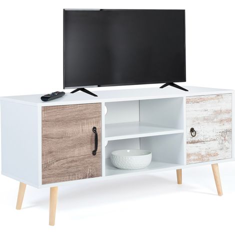 Idmarket – Meuble TV scandinave 113 cm blanc – 2 portes avec rangements – Plateau pour TV jusqu'à 40 pouces – Design élégant et original