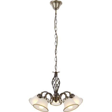 Suspension multi-bras en laiton vieilli, abat-jour en verre satiné, 5 ampoules E27
