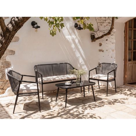 Conjunto de jardín 4 plazas ratán sintético estructura de metal cojines de tela con fundas extraíbles sillones sofá y mesa negro Flero (1/5)