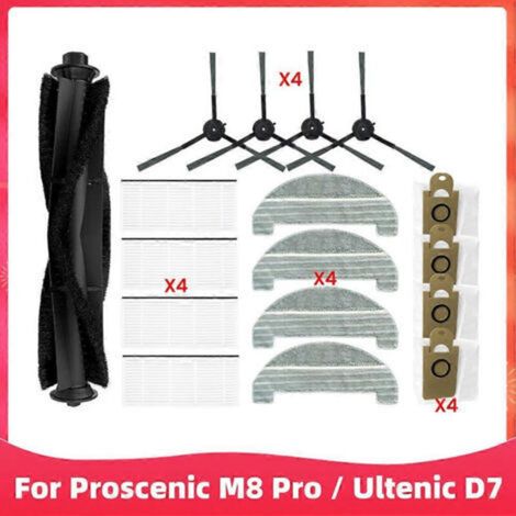 Pièce de rechange pour aspirateur robot Proscenic M8 Pro / Ultenic D7 : brosse latérale principale, filtre HEPA, chiffon de nettoyet sacs à poussière. (1/5)