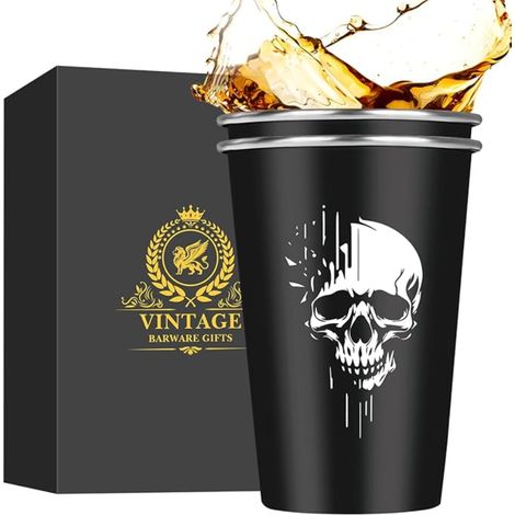 Lot de 2 Verres à Bière en Acier Inoxydable - Design Tête de Mort - Idée Cadeau Originale pour Homme, Anniversaire ou Halloween (500 ml) (1/5)