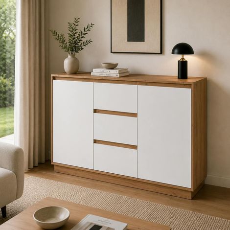 Buffet 2 portes 3 tiroirs décor bois et blanc ALVA (1/5)