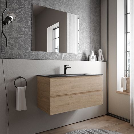 BERNSTEIN - Mobile lavabo sospeso MDF rovere miele, lavello Ghisa nero opaco + foro rubinetto - 100x46x50cm - AVA CREAM	Rovere Miele Oro, Nero opaco con foro rubinetto