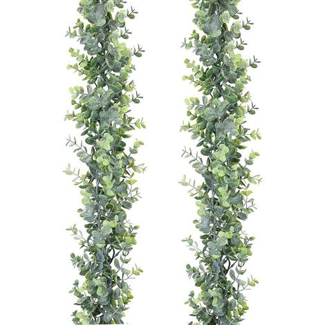 Guirlande d'eucalyptus artificiel, lot de 2 vignes artificielles suspendues, feuilles d'eucalyptus, décoration murale d'arche, 1,8 m/pièce, protection UV, intérieur et extérieur (1/4)