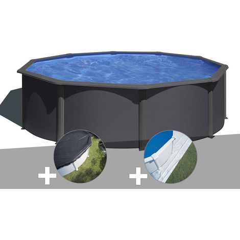 Kit piscine acier gris anthracite Gré Louko ronde 3,70 x 1,22 m + Bâche d'hivernage + Tapis de sol