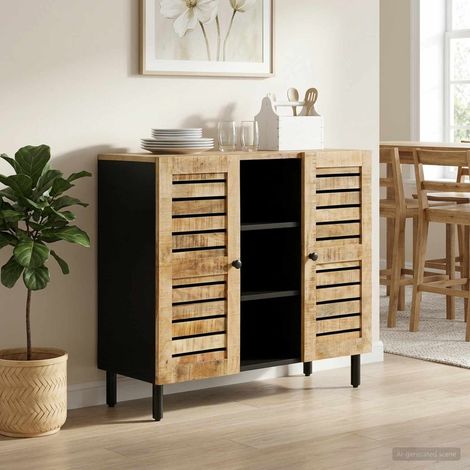 Meuble de rangement multimédia 2 portes en bois de manguier naturel 90 x 33 x 75 cm - PANGIVO (1/5)