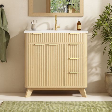 URBAN MEUBLE Mobile lavabo in ceramica effetto legno naturale, con 3 cassetti e 2 ante ondulate a chiusura ammortizzata, 81 cm (rubinetto non incluso) (1/5)