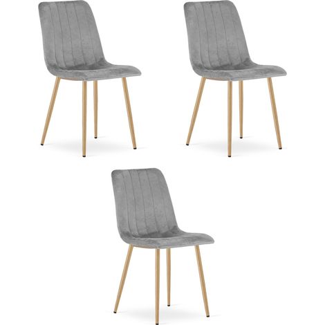 Set di 3 Sedie Lava in Velluto Grigio e Gambe Effetto Legno (1/5)