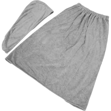 Lot de 2 serviettes de bain réglables pour femme avec jupe douce, bonnet de douche et paréo gris (1/5)
