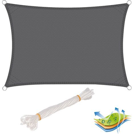 Voile d'ombrage rectangulaire 3 x 4 m en polyester, protection UV 50+, résistant aux déchirures, fixation avec 4 cordons de 1,5 m (1/4)