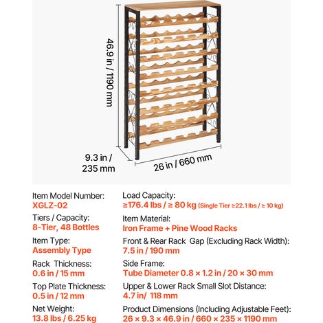 VEVOR 48 Bottle Wine Rack,8-Tier Iron Wine Bottle Holder With Wood Table Top,Freestanding Floor Display Wine Storage Shelves,For Kitchen Pantry, Cellar, Bar, Dining Room,26''L X 9.3''W X 46.9''H (1/4)