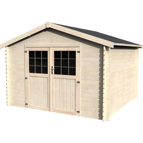 Abri de jardin bois FLOVENE 326x326 cm - Surface utile : 9 m² - Épaisseur : 28 mm - Couleur : Naturel (1/2)